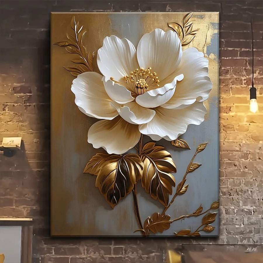 Elegant Vintage Gold and White Flower Canvas Wall Art